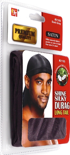 PREMIUM QUALITY COCONUT OIL TREATED SHINE SILKY DURAG WITH LONG TAIL (DARK GRAY) 